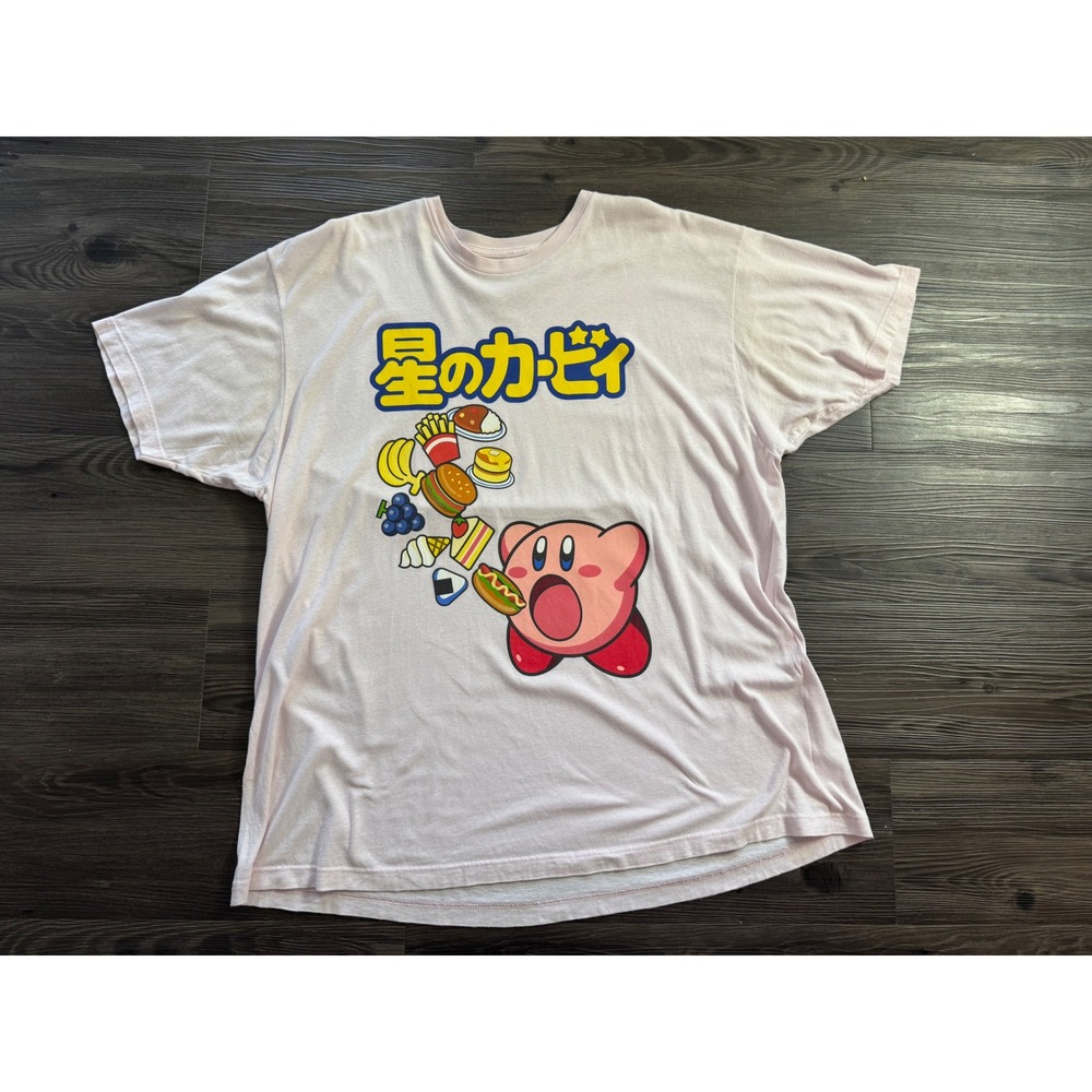 Nintendo Kirby Pink Graphic T-Shirt Mens 2XL Eating Snacks Japanese Text Cotton